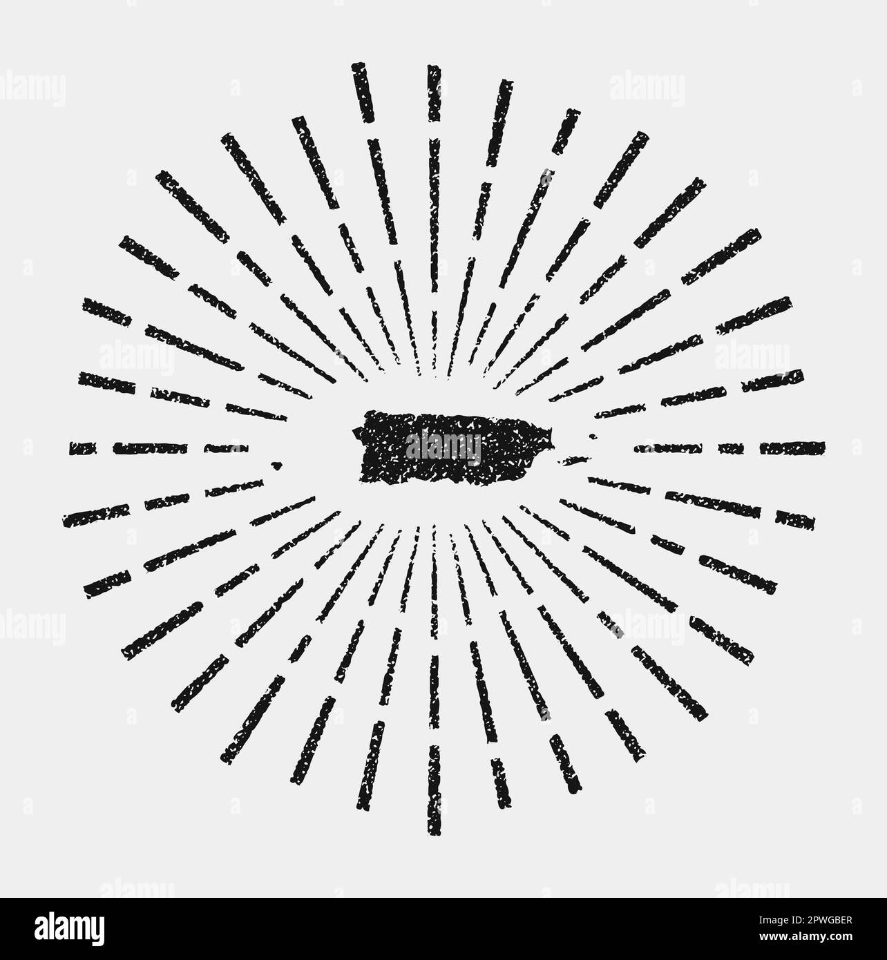 Vintage map of Puerto Rico. Grunge sunburst around the country. Black Puerto Rico shape with sun rays on white background. Vector illustration. Stock Vector