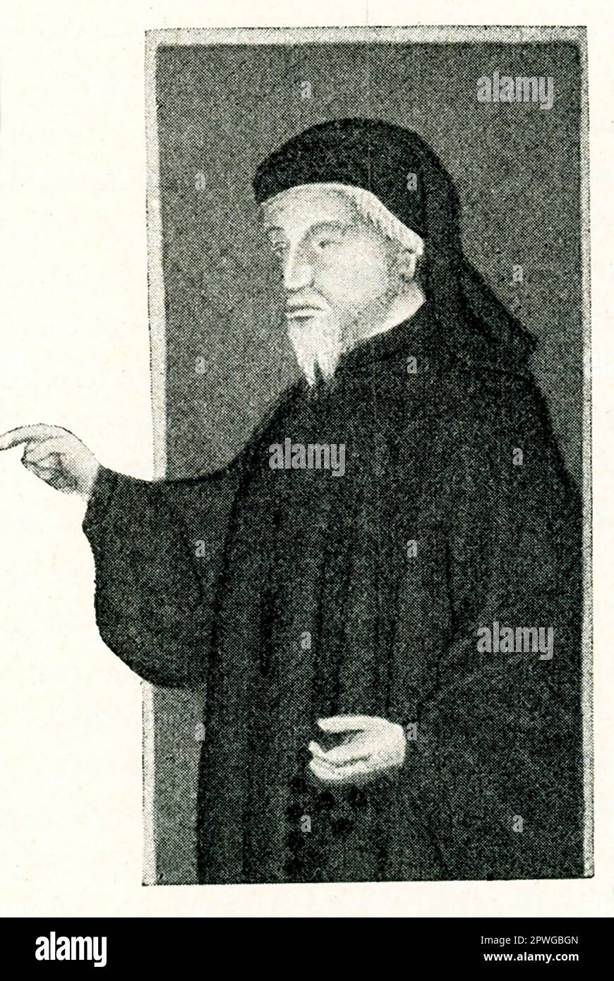 The 1906 caption reads: 'Geoffrey Chaucer. Miniature by Thomas Hoccleve's ''Regement of Princes.'' Geoffrey Chaucer, (c. 1342/43-1400), the outstanding English poet before Shakespeare and “the first finder of our language.” His The Canterbury Tales ranks as one of the greatest poetic works in English. He also contributed importantly in the second half of the 14th century to the management of public affairs as courtier, diplomat, and civil servant. Thomas Hoccleve or Occleve was an English poet and clerk, who became a key figure in 15th-century Middle English literature. His Regement of Princes Stock Photo