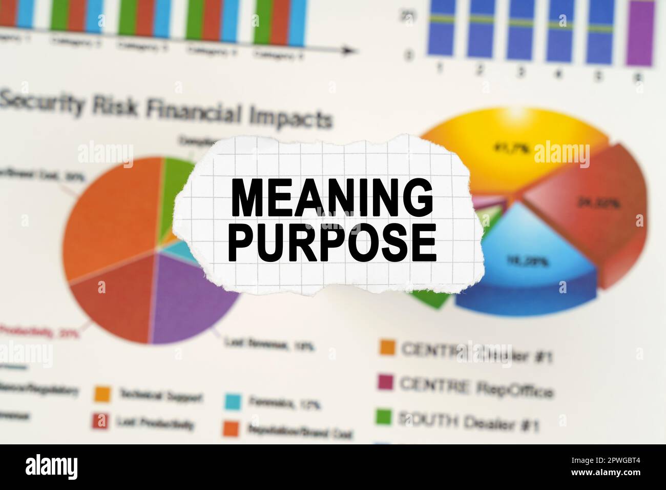 Business concept. On diagrams and graphs lies torn paper with the inscription - Meaning Purpose. Charts and graphs are blurry. Stock Photo