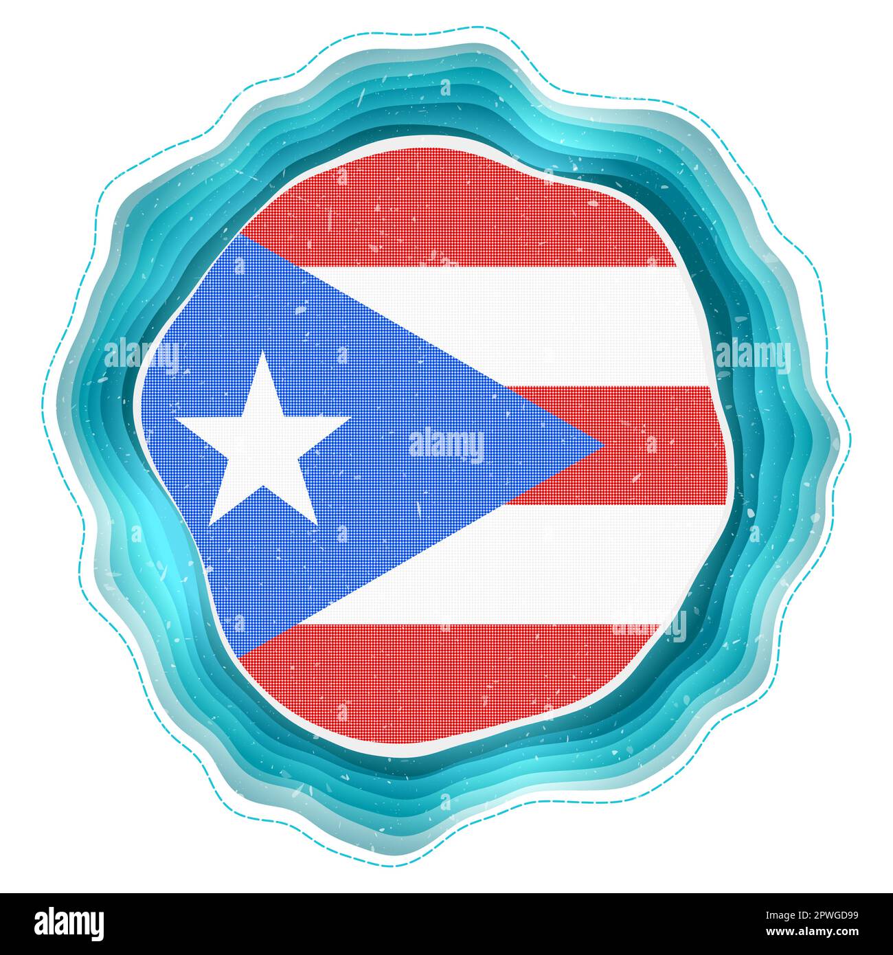 Puerto Rico flag in frame. Badge of the country. Layered circular sign around Puerto Rico flag. Creative vector illustration. Stock Vector