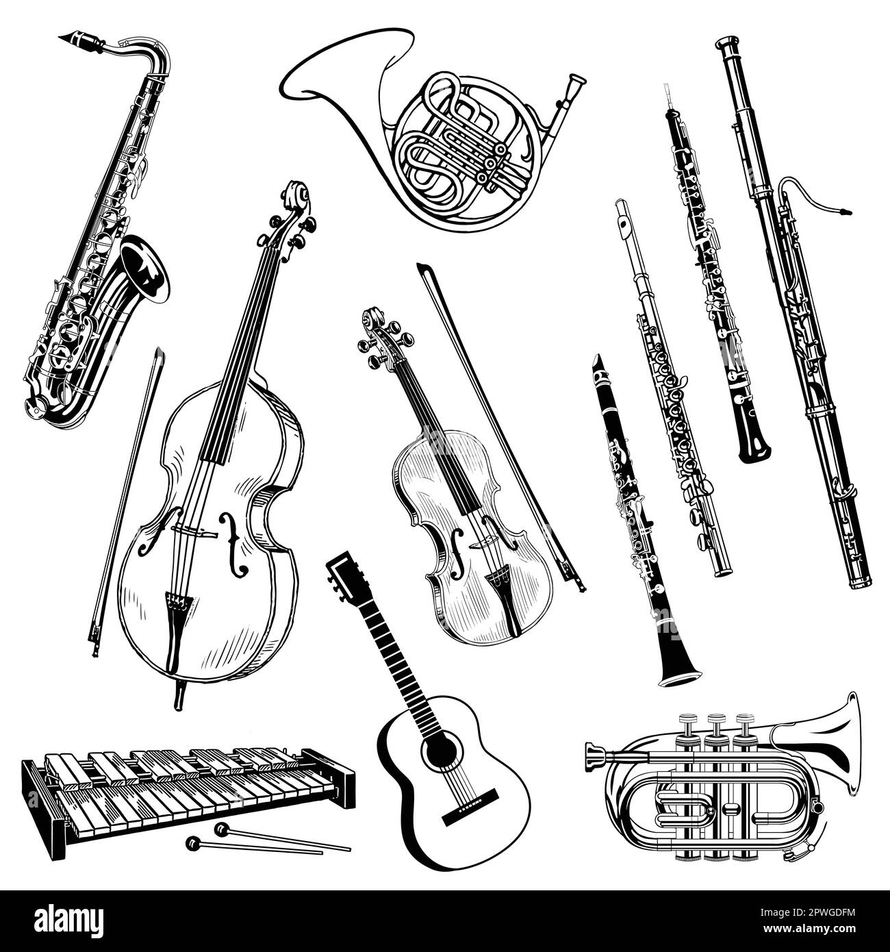 detailed classic jazz music musical instruments black silhouette vector isolated on white