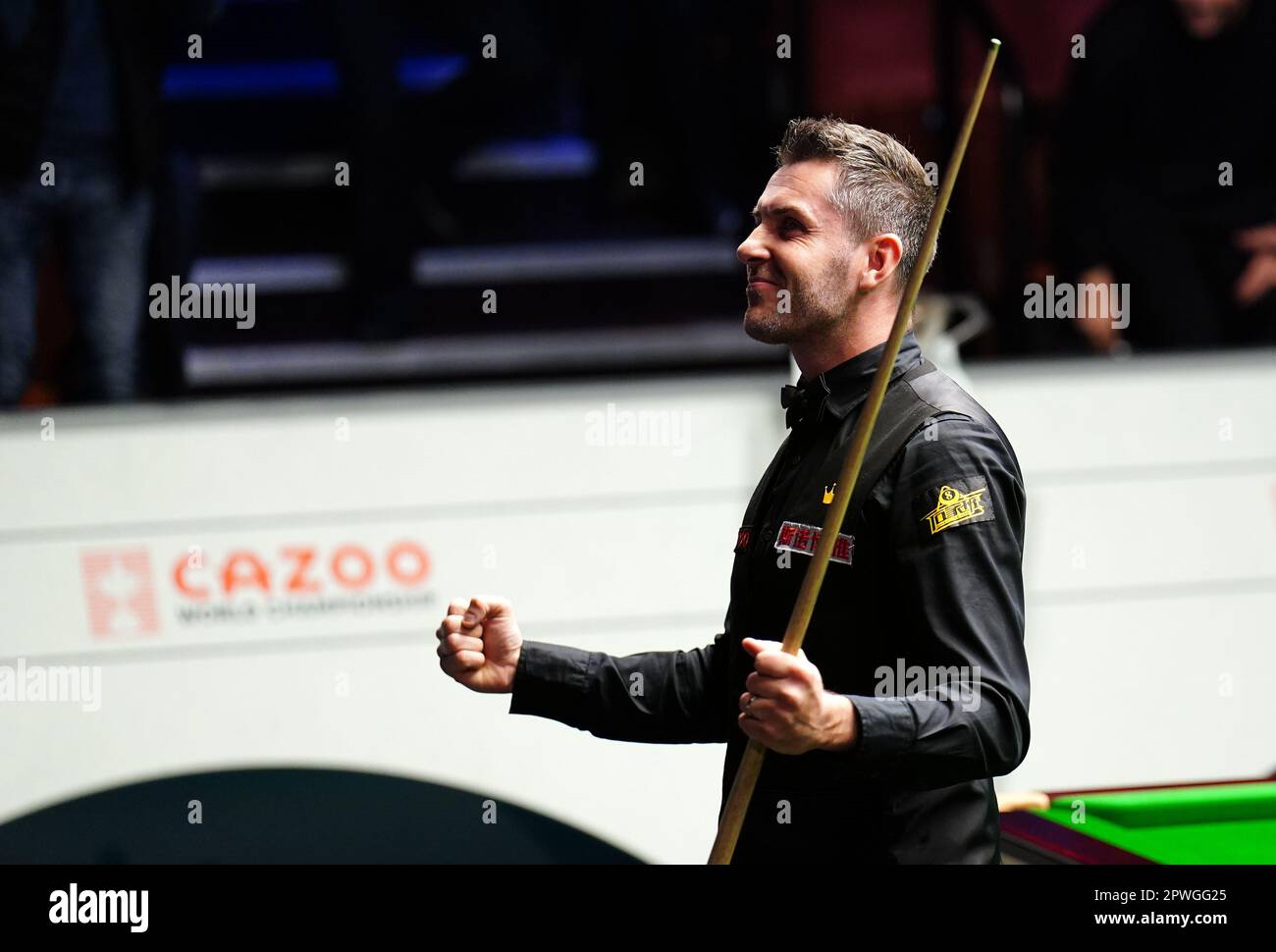 Mark Selby reacts after making a 147 against Luca Brecel (not pictured