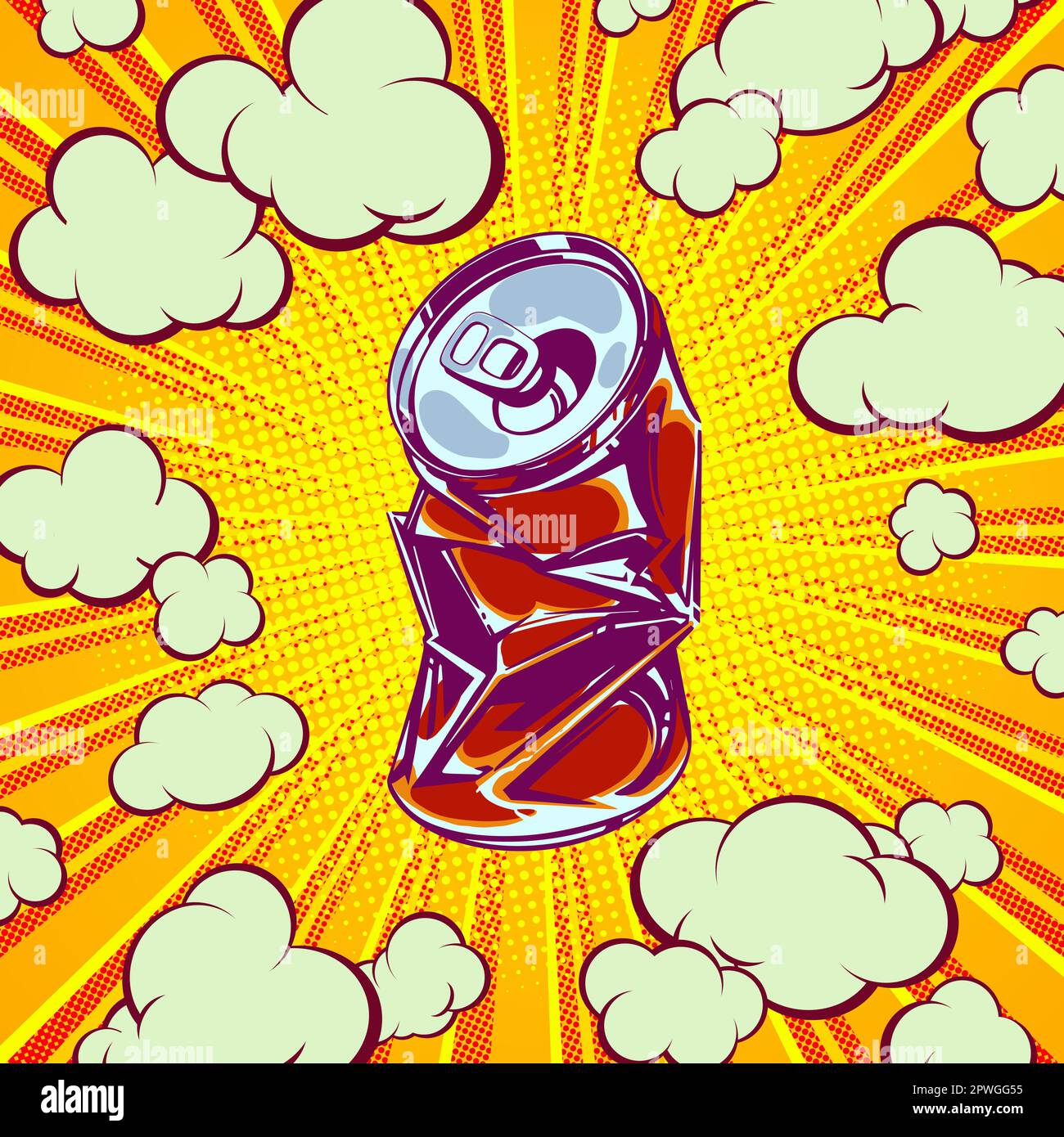 Concept with a crumpled pop art soda can for print and design. Vector