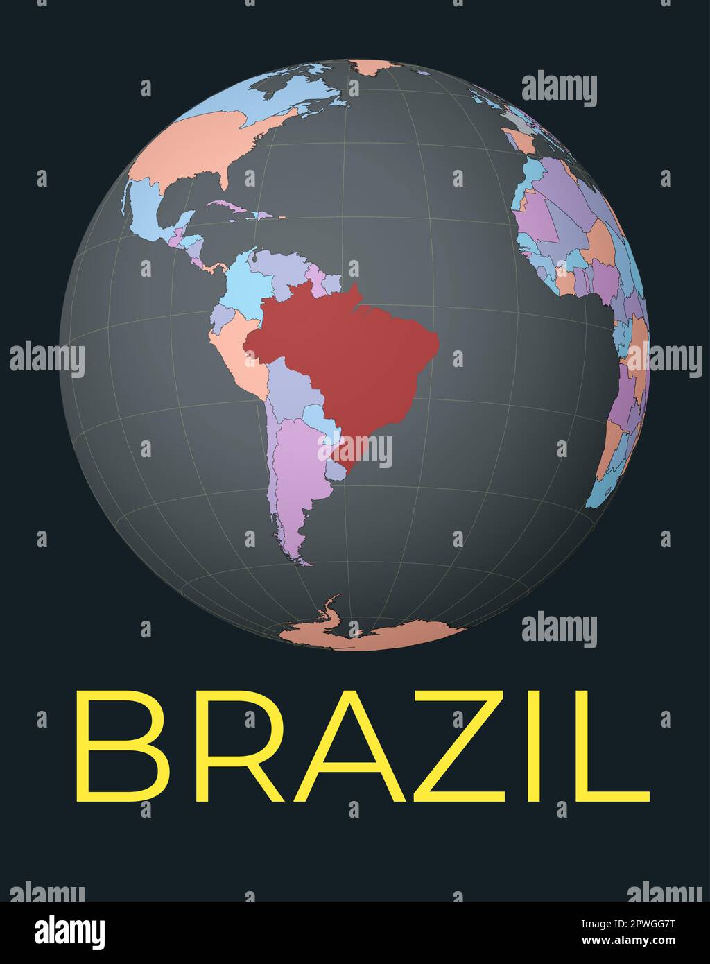 World Map Centered To Brazil Red Country Highlighted Satellite World World Map Centered To Brazil Red Country Highlighted Satellite World View Centered To Country With Name Vector Illustration 2PWGG7T