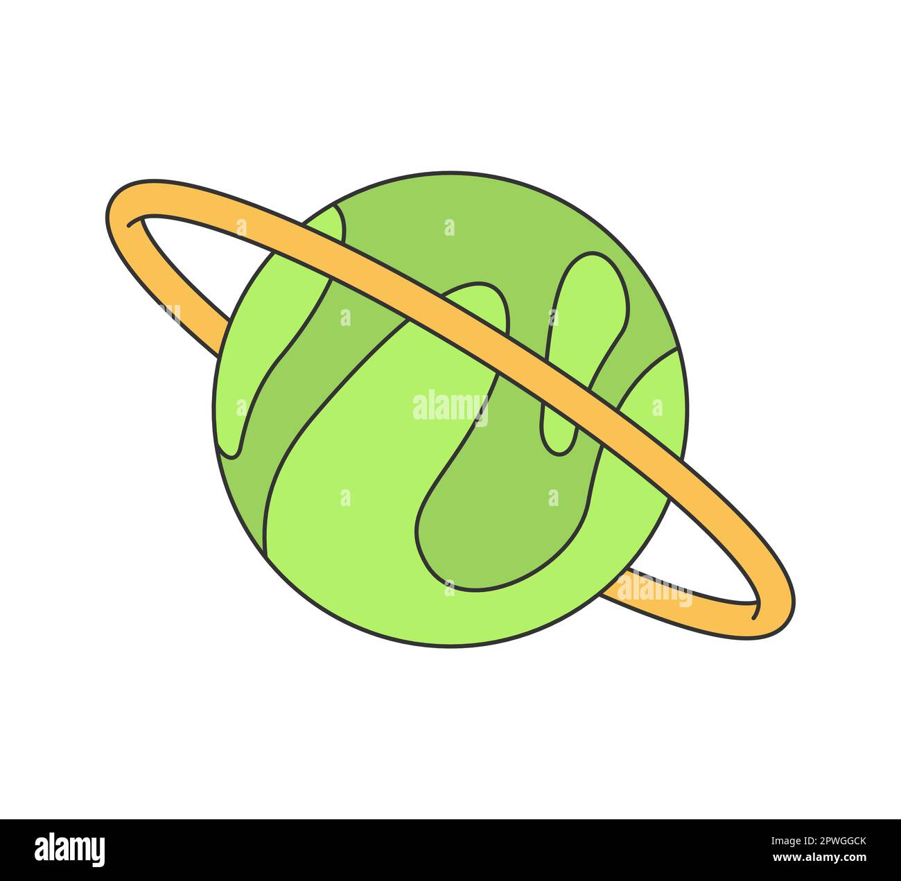 Retro groovy green planet with ring. Vintage hippie funky cartoon Saturn symbol. Hippy style trendy y2k psychedelic vector isolated eps illustration Stock Vector