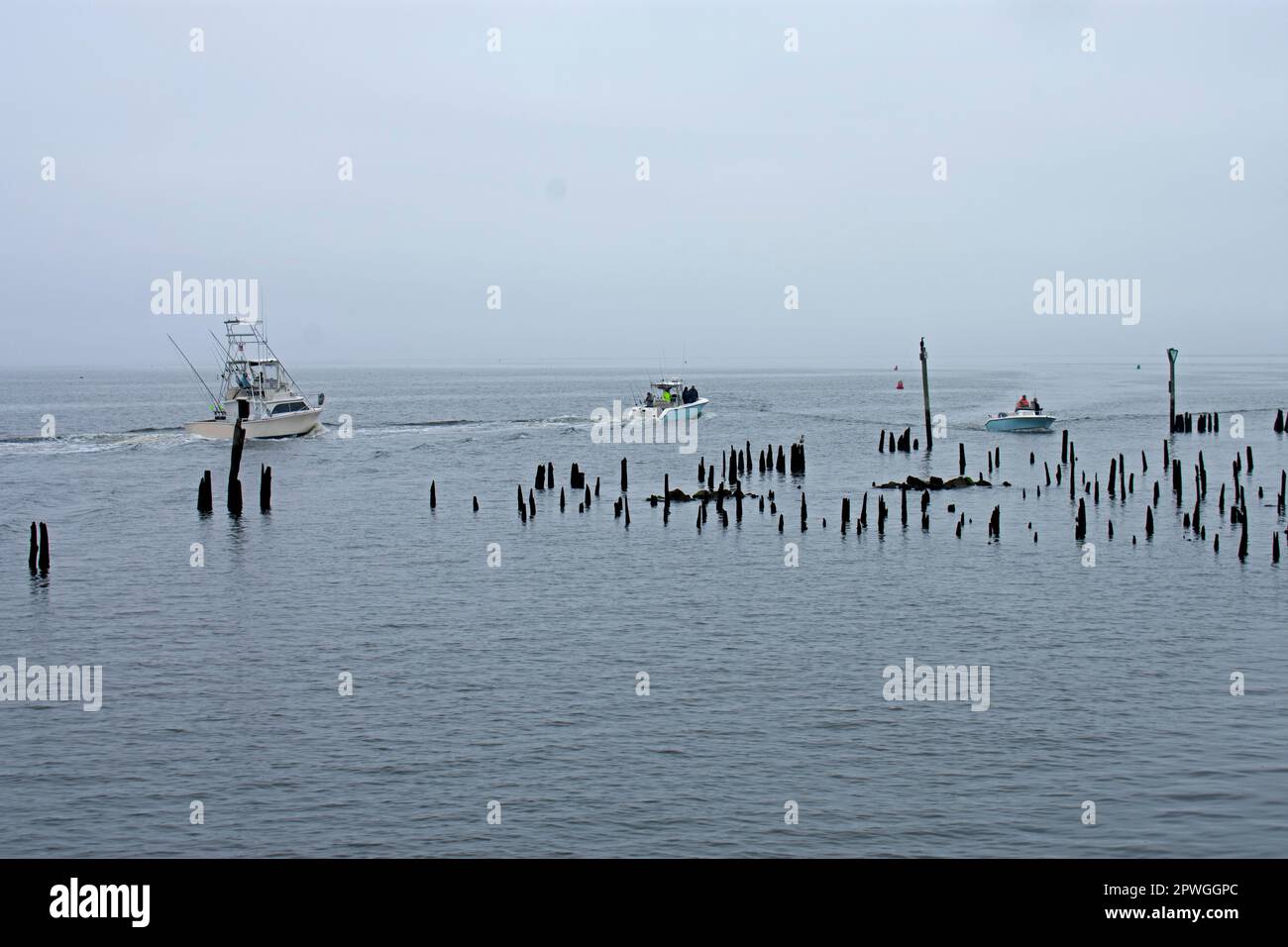 Recreational fishing boats, some starting and some ending their fishing