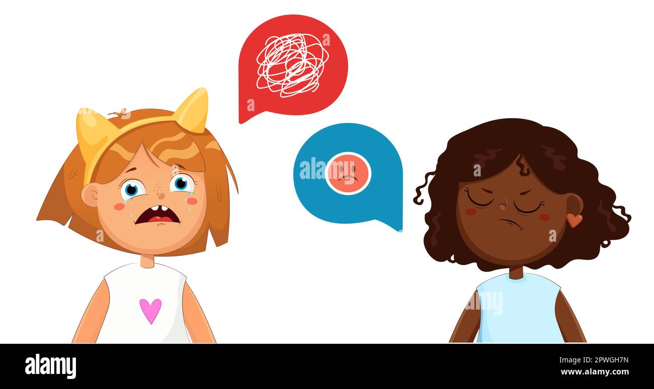 Two little cute girls are angry. Children cry and swear, shout at each other. Vector illustration Stock Vector