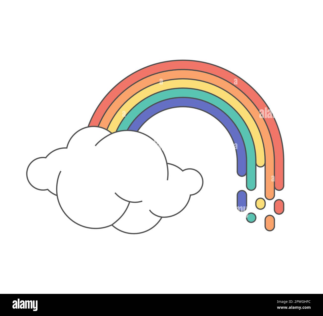 Retro groovy colorful rainbow with cloud. Vintage hippie cartoon ...
