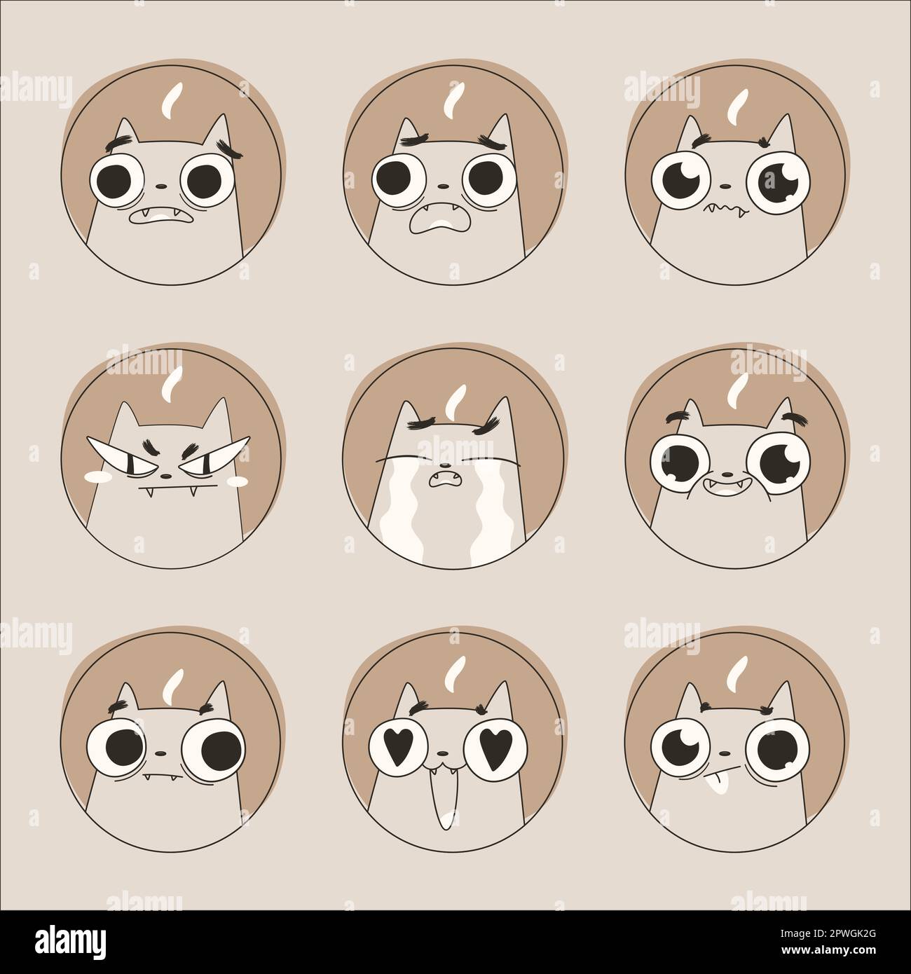 Set emoji of various cute cartoon cats flat isolated signs. Kitten emotion. Vector illustration Stock Vector