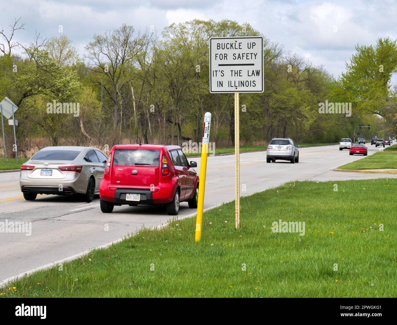 Buckle up for safety seat belt law sign. Westchester, Illinois Stock