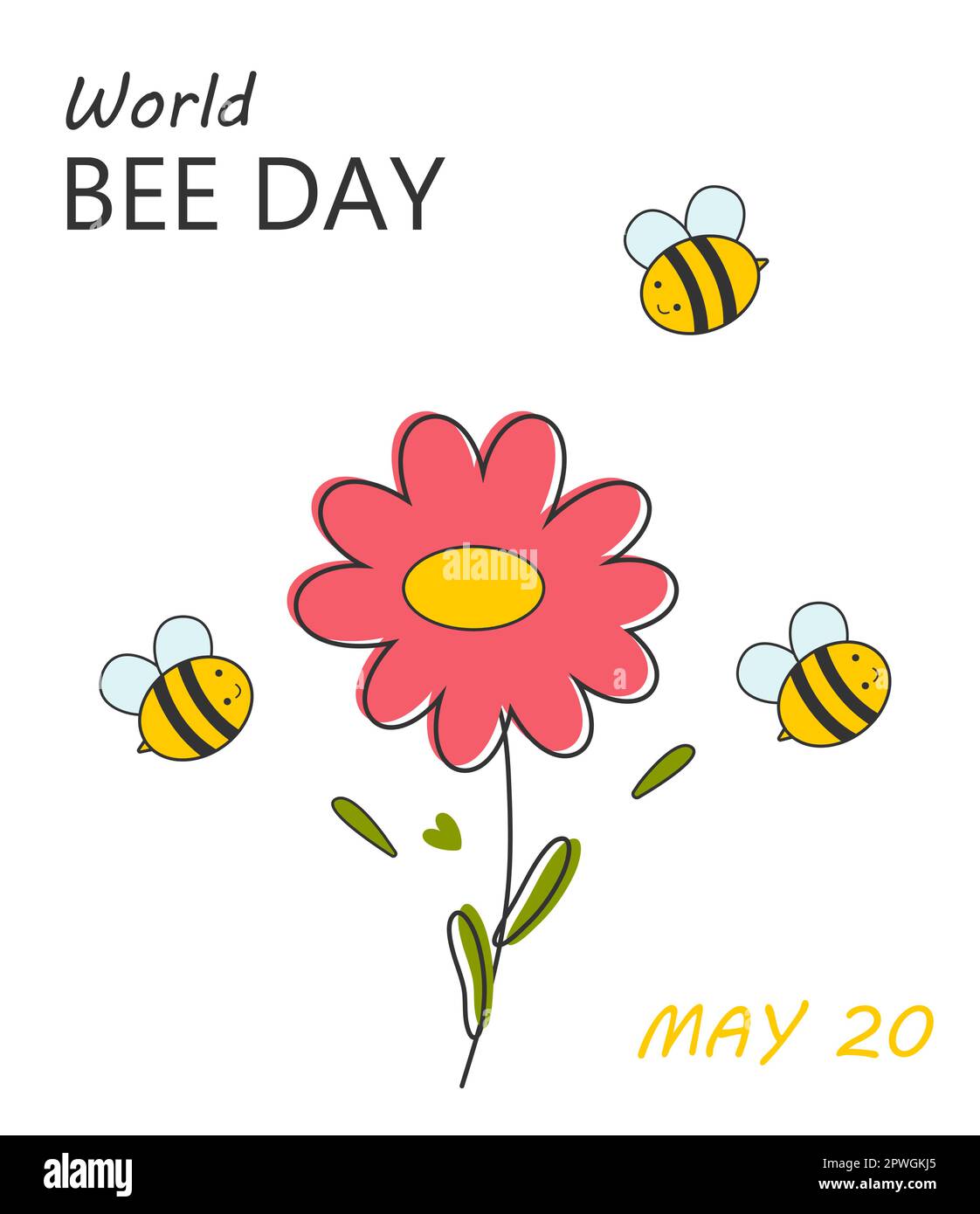 World bee day vector template. Bees over a flower with a black stroke. Bees collect nectar. Vector Stock Vector