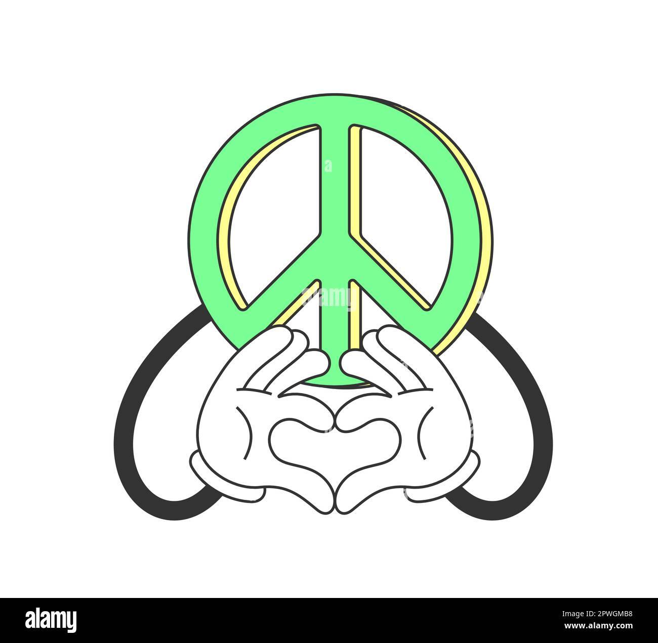Retro groovy peace sign with hand showing love heart gesture. Vintage hippie cartoon pacifist symbol. Hippy style trendy y2k vector isolated eps illustration Stock Vector