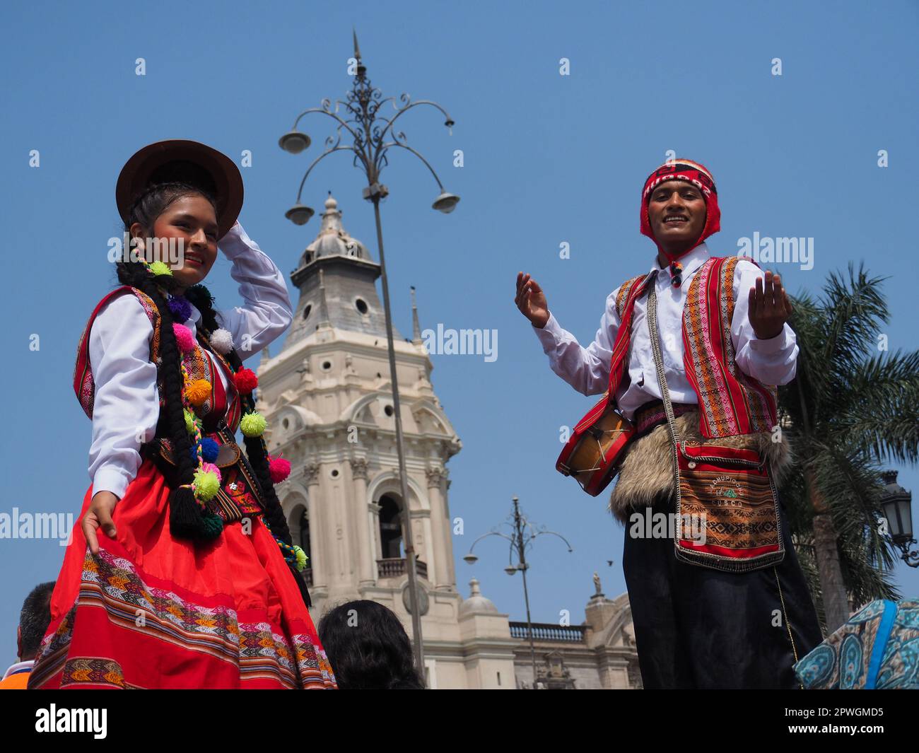 Lima, Peru. 30th Apr, 2023. Indigenous dancers on stilts performing