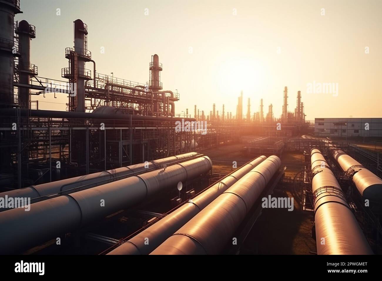 Large industrial gas pipelines in a modern refinery at sunrise. High ...