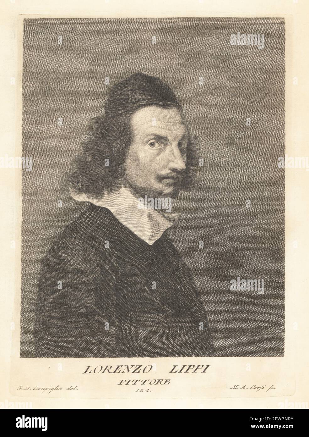 Lorenzo Lippi, Italian painter and poet from Florence, court painter in Innsbruck, 1606-1665. Pittore. Copperplate engraving by Marcantonio Corsi after Giovanni Domenico Campiglia after a self portrait by the artist from Francesco Moucke's Museo Florentino (Museum Florentinum), Serie di Ritratti de Pittori (Series of Portraits of Painters) stamperia Mouckiana, Florence, 1752-62. Stock Photo