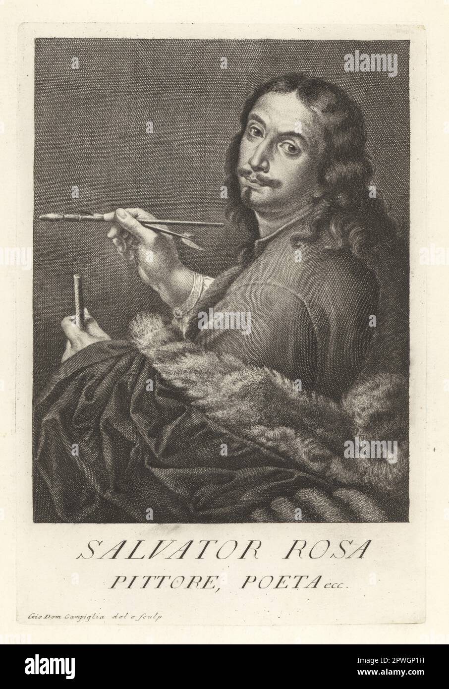 Salvator Rosa, Italian Baroque painter and poet, 1615-1673. Painted romanticized landscapes and history paintings. With paint brush and quill pen. Pittore, Poeta. Copperplate engraving drawn and engraved by Giovanni Domenico Campiglia after a self portrait by the artist from Francesco Moucke's Museo Florentino (Museum Florentinum), Serie di Ritratti de Pittori (Series of Portraits of Painters) stamperia Mouckiana, Florence, 1752-62. Stock Photo