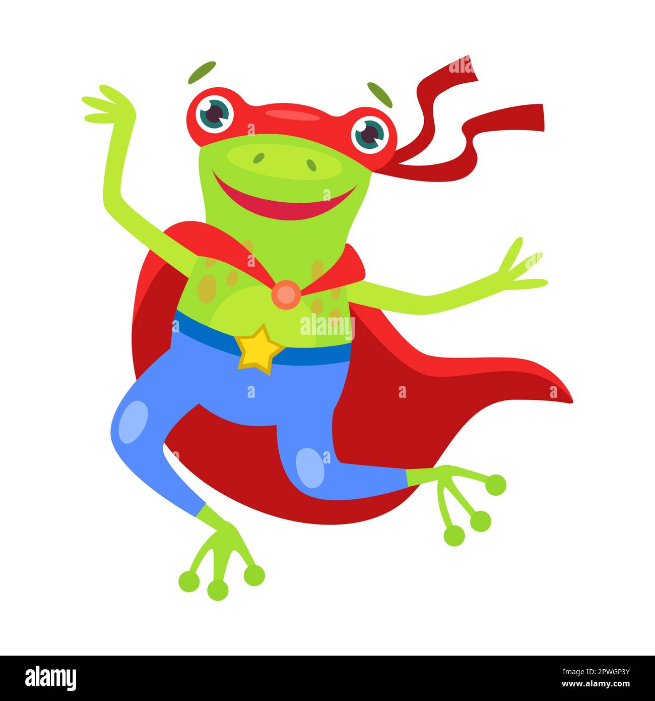 Hero green frog, animal character cartoon illustration. Funny little superhero in cape and mask on white background Stock Vector