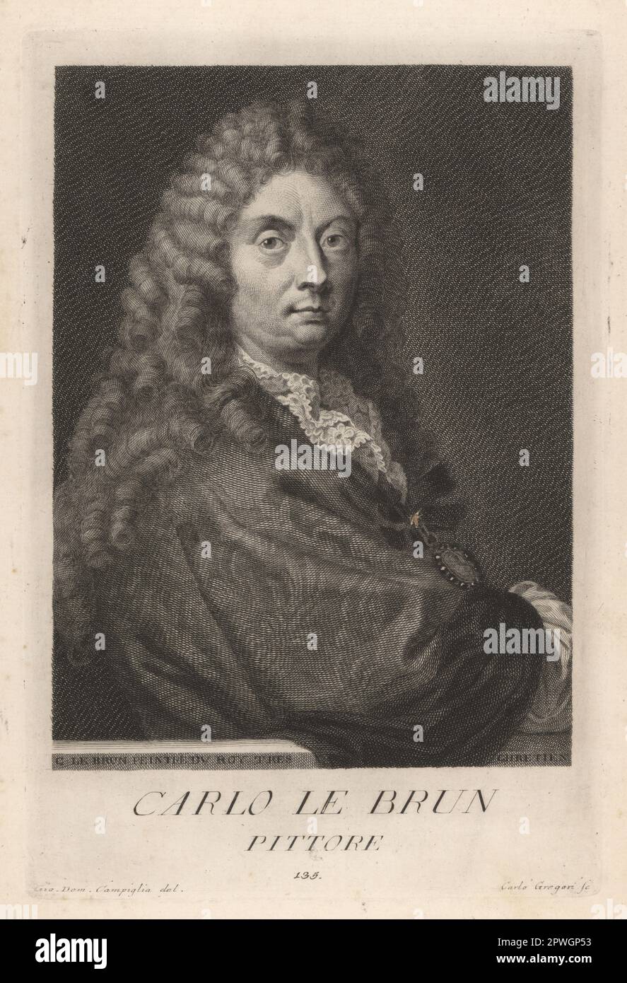Charles Le Brun, French painter, physiognomist, art theorist, director of several art schools, and court painter to King Louis XIV, 1619-1690. Carlo le Brun, Pittore. Copperplate engraving by Carlo Gregori after Giovanni Domenico Campiglia after a self portrait by the artist from Francesco Moucke's Museo Florentino (Museum Florentinum), Serie di Ritratti de Pittori (Series of Portraits of Painters) stamperia Mouckiana, Florence, 1752-62. Stock Photo