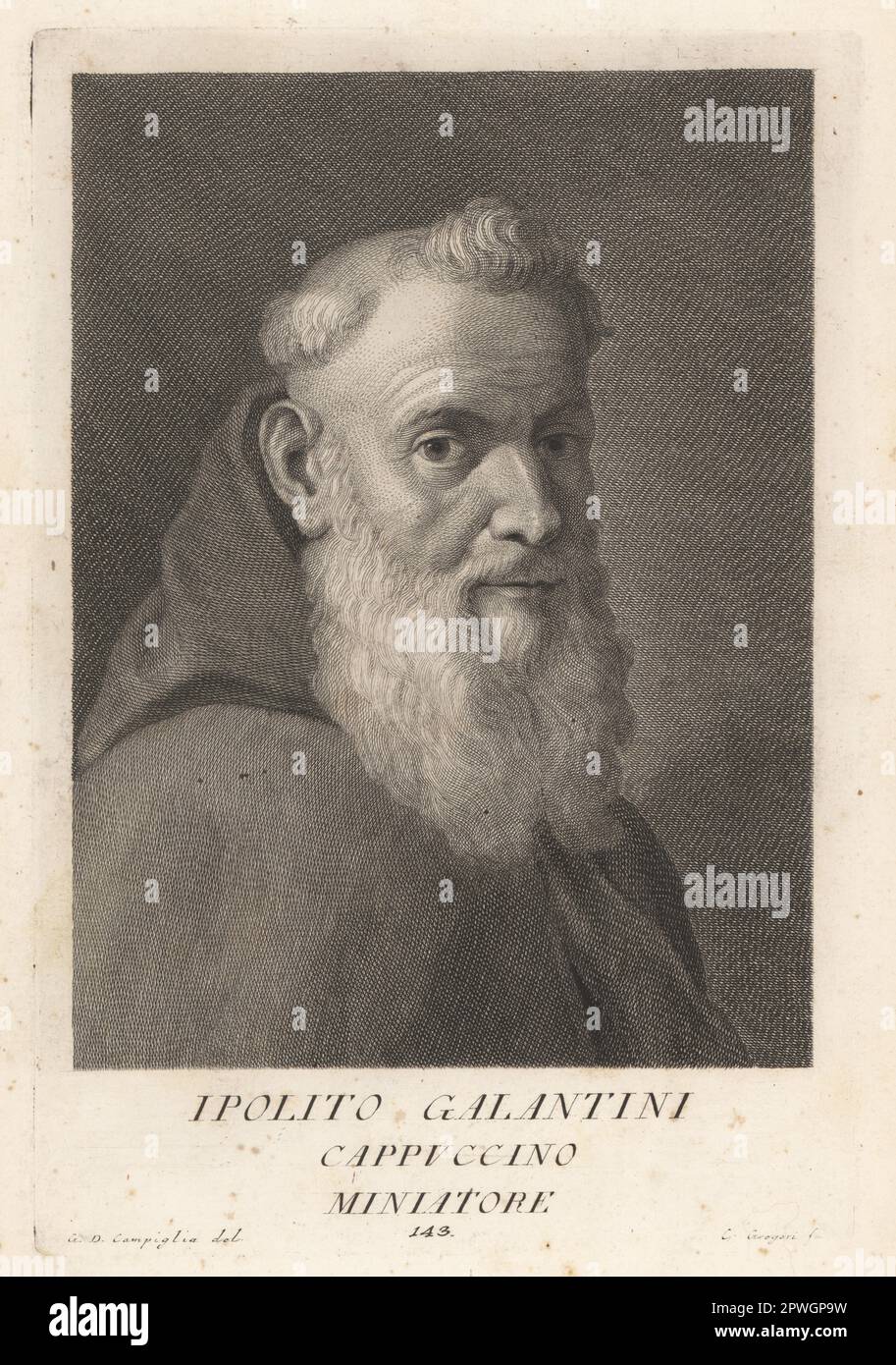 Ippolito Galantini, called II Cappucino or II Prete Genovese, Italian Baroque painter and miniaturist, 1627–1706. Born in Florence in 1627, studied under Padre Stefaneschi and became a Capuchin monk. Ipolito Galantini, Caupuccino, Miniatore. Copperplate engraving by Carlo Gregori after Giovanni Domenico Campiglia after a self portrait by the artist from Francesco Moucke's Museo Florentino (Museum Florentinum), Serie di Ritratti de Pittori (Series of Portraits of Painters) stamperia Mouckiana, Florence, 1752-62. Stock Photo