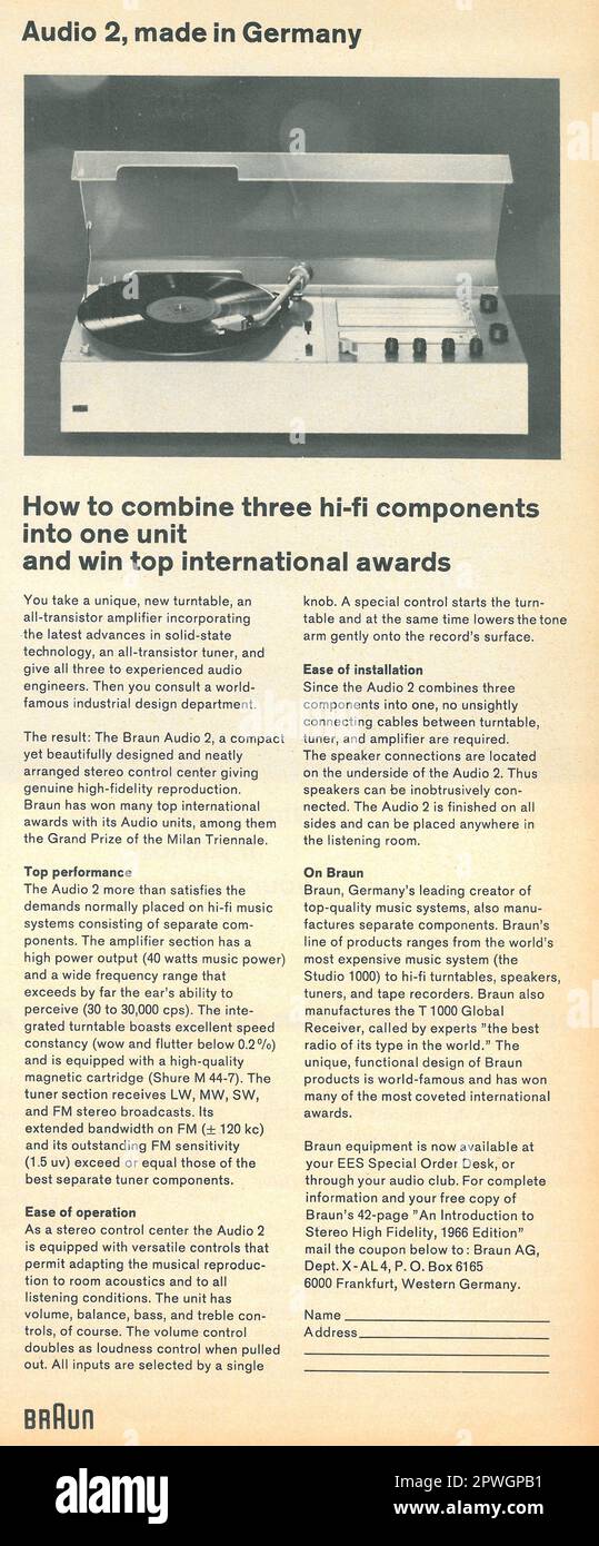 Braun Audio 2, stereo audio equipment advert in a LIFE magazine April