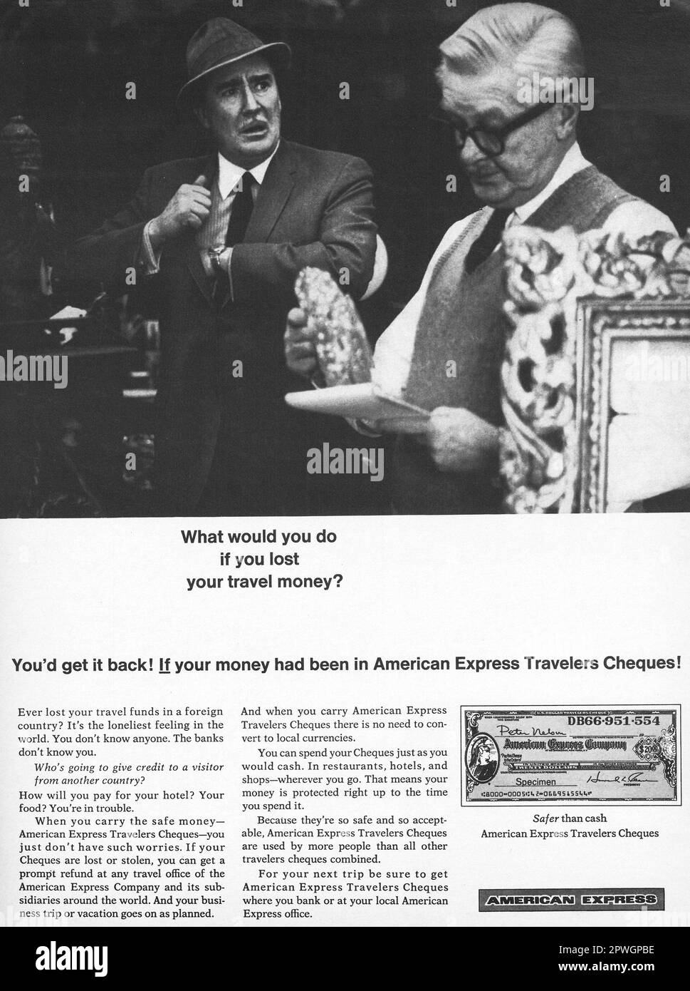 American Express Travelers Cheques advert in a LIFE magazine April 1967, Atlantic edition Stock Photo