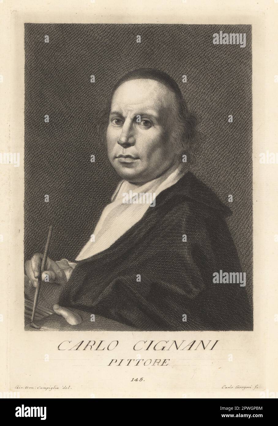 Carlo Cignani, Italian nobleman and Baroque painter of the Bolognese school, 1628-1719. Active in Bologna and Rome, working for Cardinal Farnese and the Archbishop of Milan. Conte Carlo Cignani, Pittore. Copperplate engraving by Carlo Gregori after Giovanni Domenico Campiglia after a self portrait by the artist from Francesco Moucke's Museo Florentino (Museum Florentinum), Serie di Ritratti de Pittori (Series of Portraits of Painters) stamperia Mouckiana, Florence, 1752-62. Stock Photo