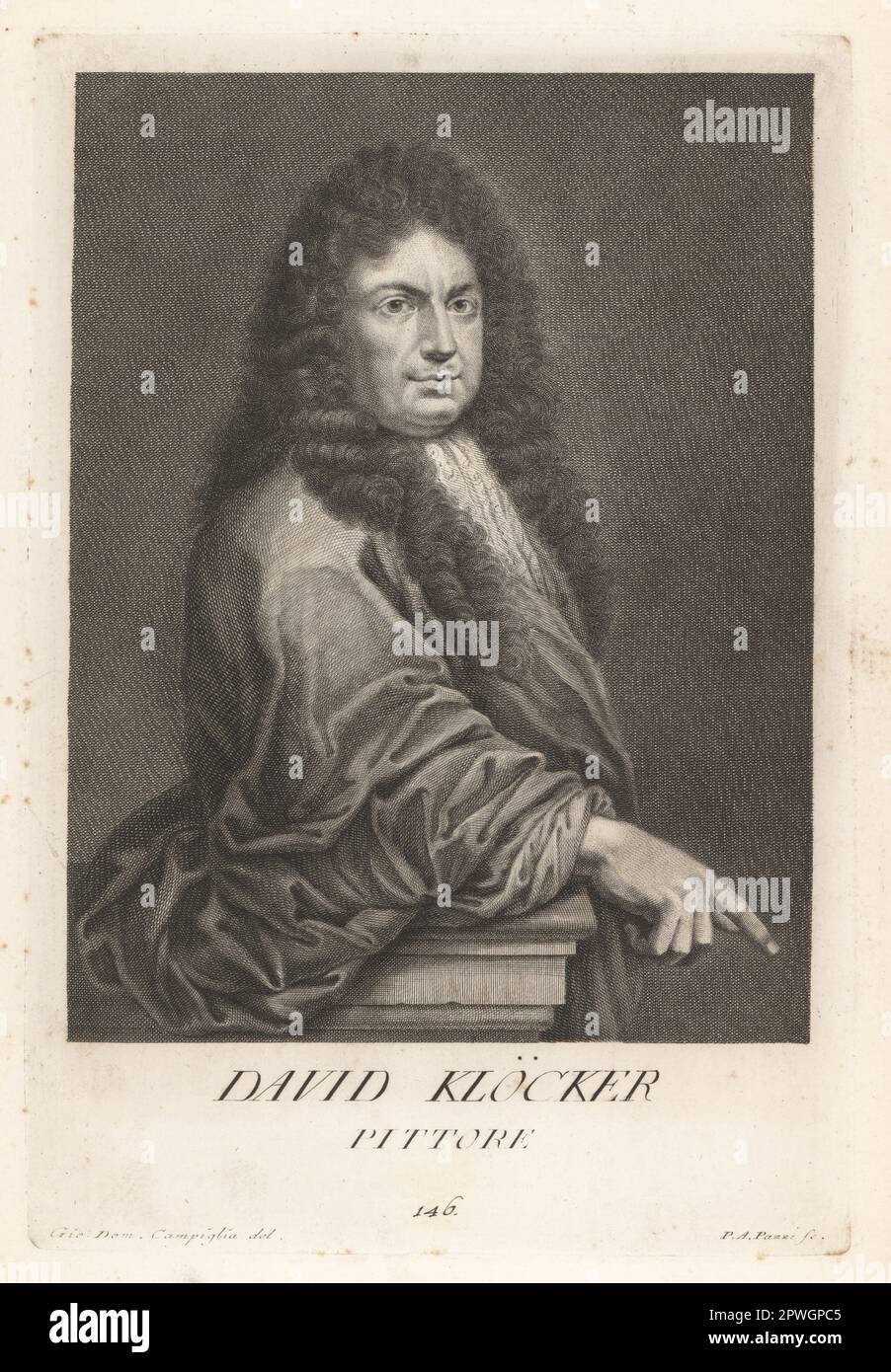 David Klöcker, German artist, 1628-1698. Became Swedish court painter and noble in 1674. David Klocker Ehrenstrahl, Pittore. Copperplate engraving by Pietro Antonio Pazzi after Giovanni Domenico Campiglia after a self portrait by the artist from Francesco Moucke's Museo Florentino (Museum Florentinum), Serie di Ritratti de Pittori (Series of Portraits of Painters) stamperia Mouckiana, Florence, 1752-62. Stock Photo