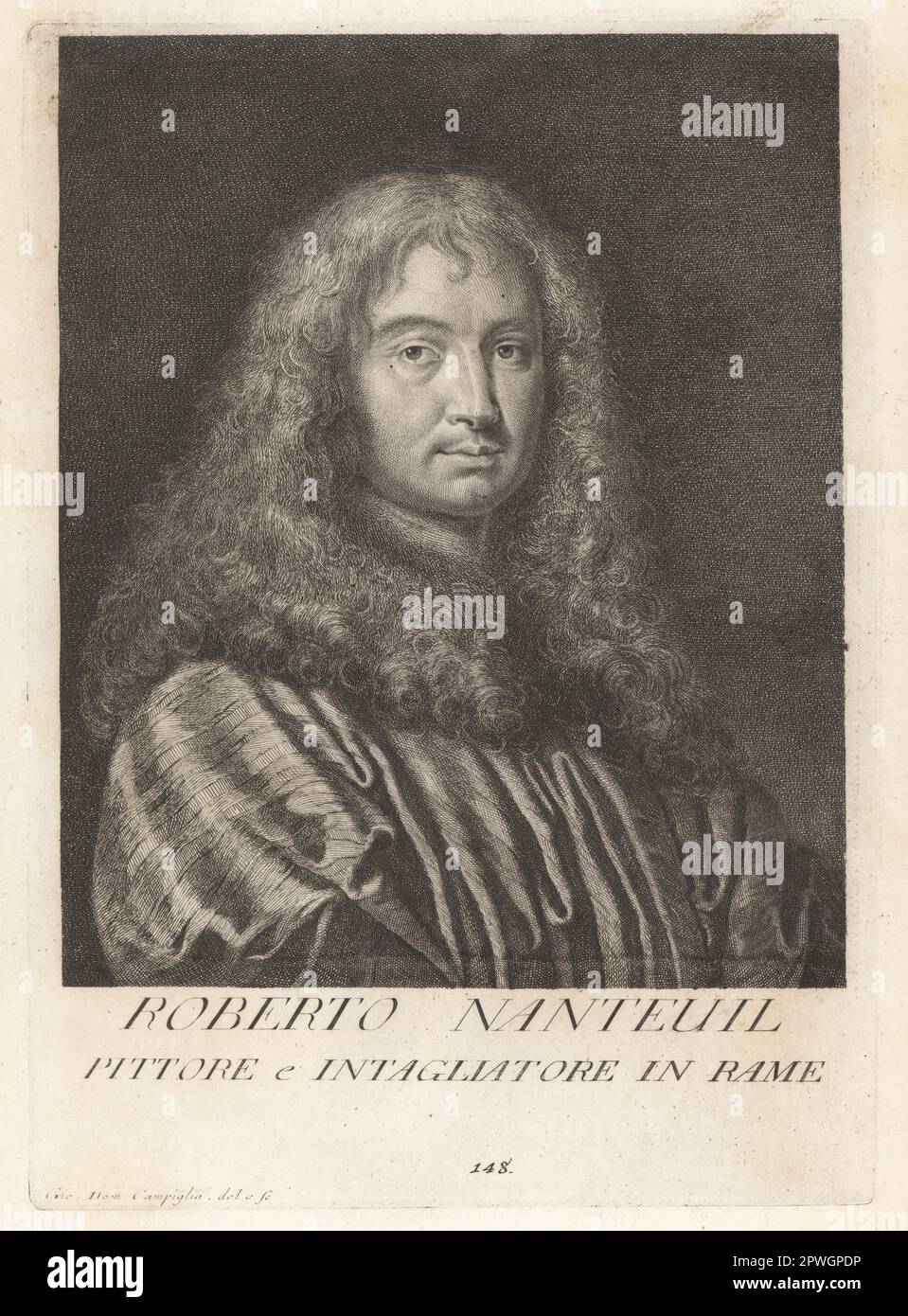 Robert Nanteuil, French portrait artist, 1623-1678. Engraver, draughtsman and pastellist in crayons to the court of King Louis XIV. Roberto Nanteuil, Pittore e Intagliatore in rame. Copperplate engraving drawn and engraved by Giovanni Domenico Campiglia after a self portrait by the artist from Francesco Moucke's Museo Florentino (Museum Florentinum), Serie di Ritratti de Pittori (Series of Portraits of Painters) stamperia Mouckiana, Florence, 1752-62. Stock Photo