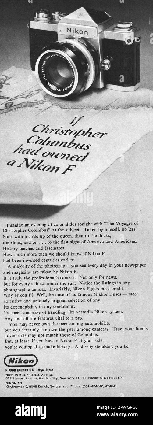 Nikon F camera advert in a LIFE magazine April 1967, Atlantic edition Stock Photo