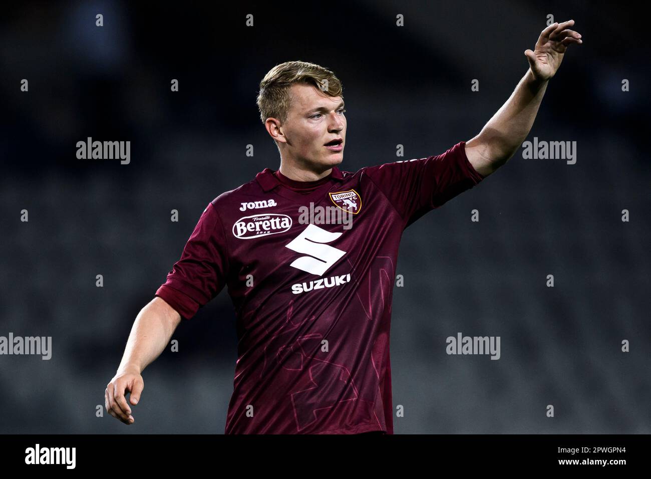 Perr Schuurs of Torino FC seen in action during Serie A 2023/24 football  match between Torino FC and AS Roma at Stadio Olimpico Grande Torino.  (Final scores; Torino 1