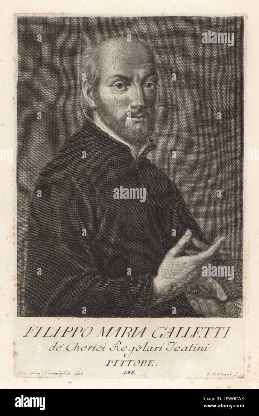 Fra. Filippo Maria Galletti, Italian painter of the Baroque period, 1636–1714. Member of the order of the Clerics Regular Theatines. Active mainly in Tuscany, Parma, and Liguria. Filippo Maria Galletti de Chierici Regolari Teatini, Pittore. Copperplate engraving by Pietro Antonio Pazzi after Giovanni Domenico Campiglia after a self portrait by the artist from Francesco Moucke's Museo Florentino (Museum Florentinum), Serie di Ritratti de Pittori (Series of Portraits of Painters) stamperia Mouckiana, Florence, 1752-62. Stock Photo
