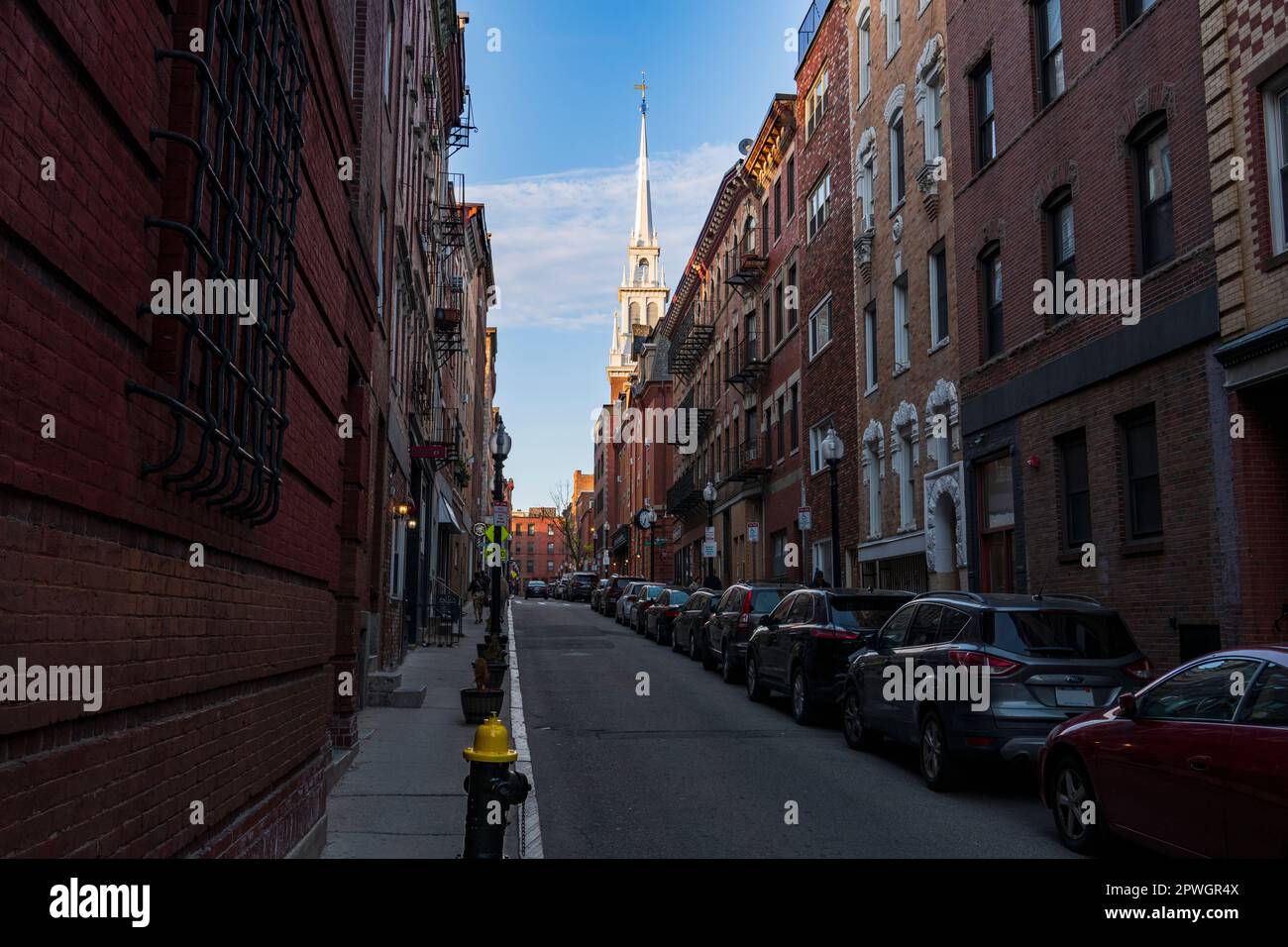 Brick wall buildings and Old Church view from streets of Boston Stock Photo