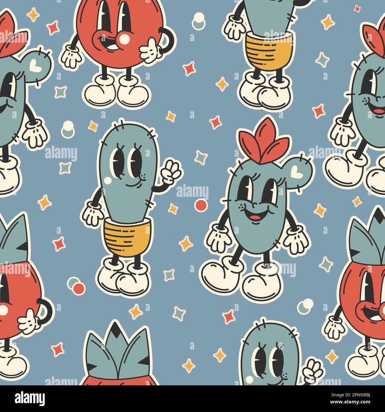 Seamless pattern in trendy retro groovy style,y2k with cartoon ...