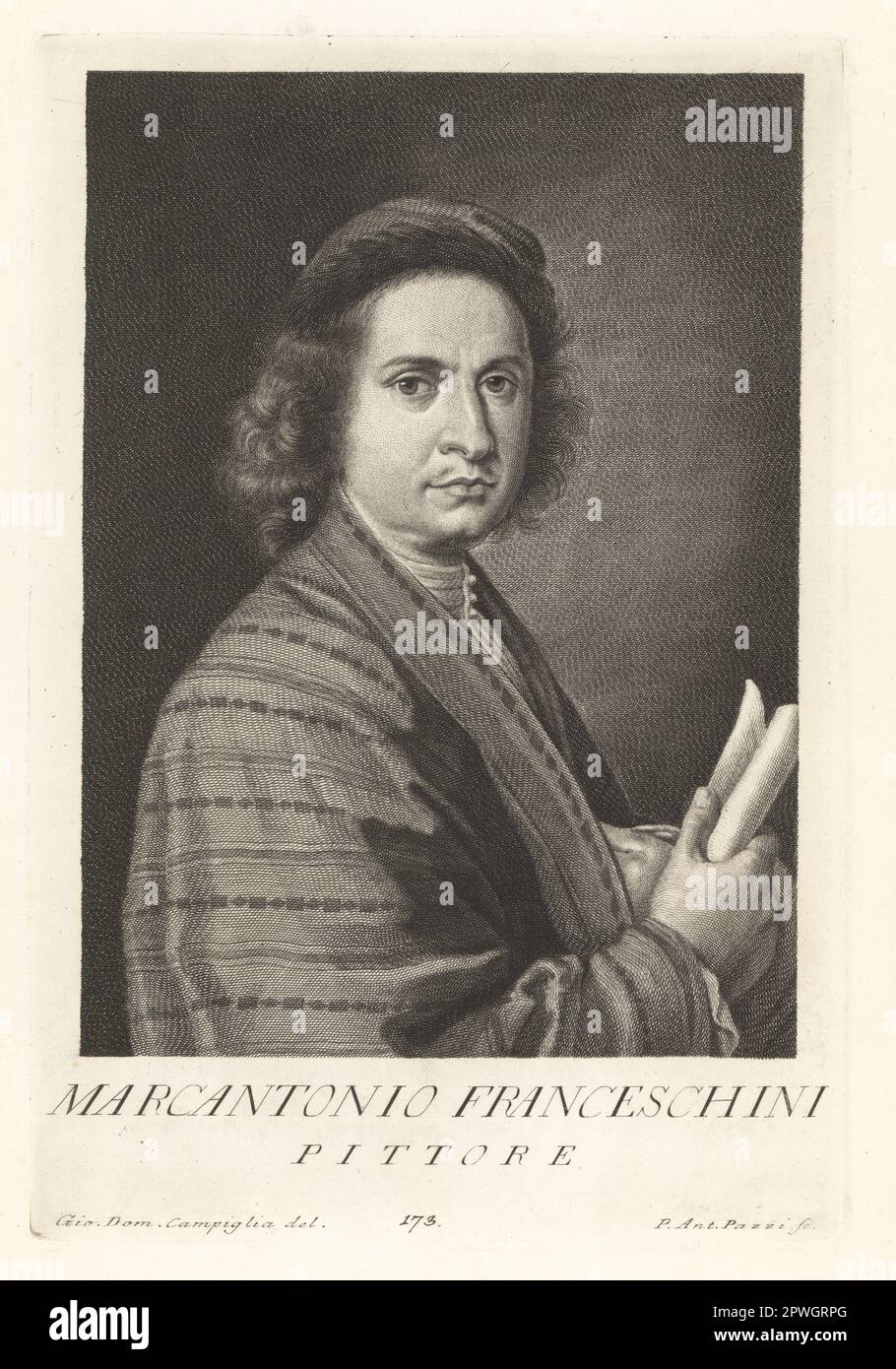 Marcantonio Franceschini, Italian painter of the Baroque period, active mostly in his native Bologna, 1648-1729. He was the father and teacher of Giacomo Franceschini. Pittore. Copperplate engraving by Pietro Antonio Pazzi after Giovanni Domenico Campiglia after a self portrait by the artist from Francesco Moucke's Museo Florentino (Museum Florentinum), Serie di Ritratti de Pittori (Series of Portraits of Painters) stamperia Mouckiana, Florence, 1752-62. Stock Photo