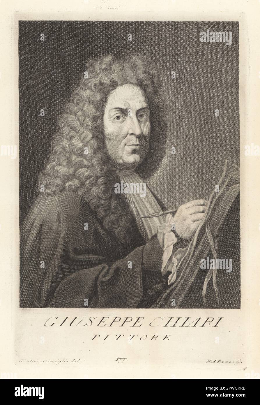 Giuseppe Bartolomeo Chiari, Italian painter of the late-Baroque period, 1654-1727. Active mostly in Rome. In powdered wig with paint brush and canvas. Giuseppe Chiari, Pittore. Copperplate engraving by Pietro Antonio Pazzi after Giovanni Domenico Campiglia after a self portrait by the artist from Francesco Moucke's Museo Florentino (Museum Florentinum), Serie di Ritratti de Pittori (Series of Portraits of Painters) stamperia Mouckiana, Florence, 1752-62. Stock Photo
