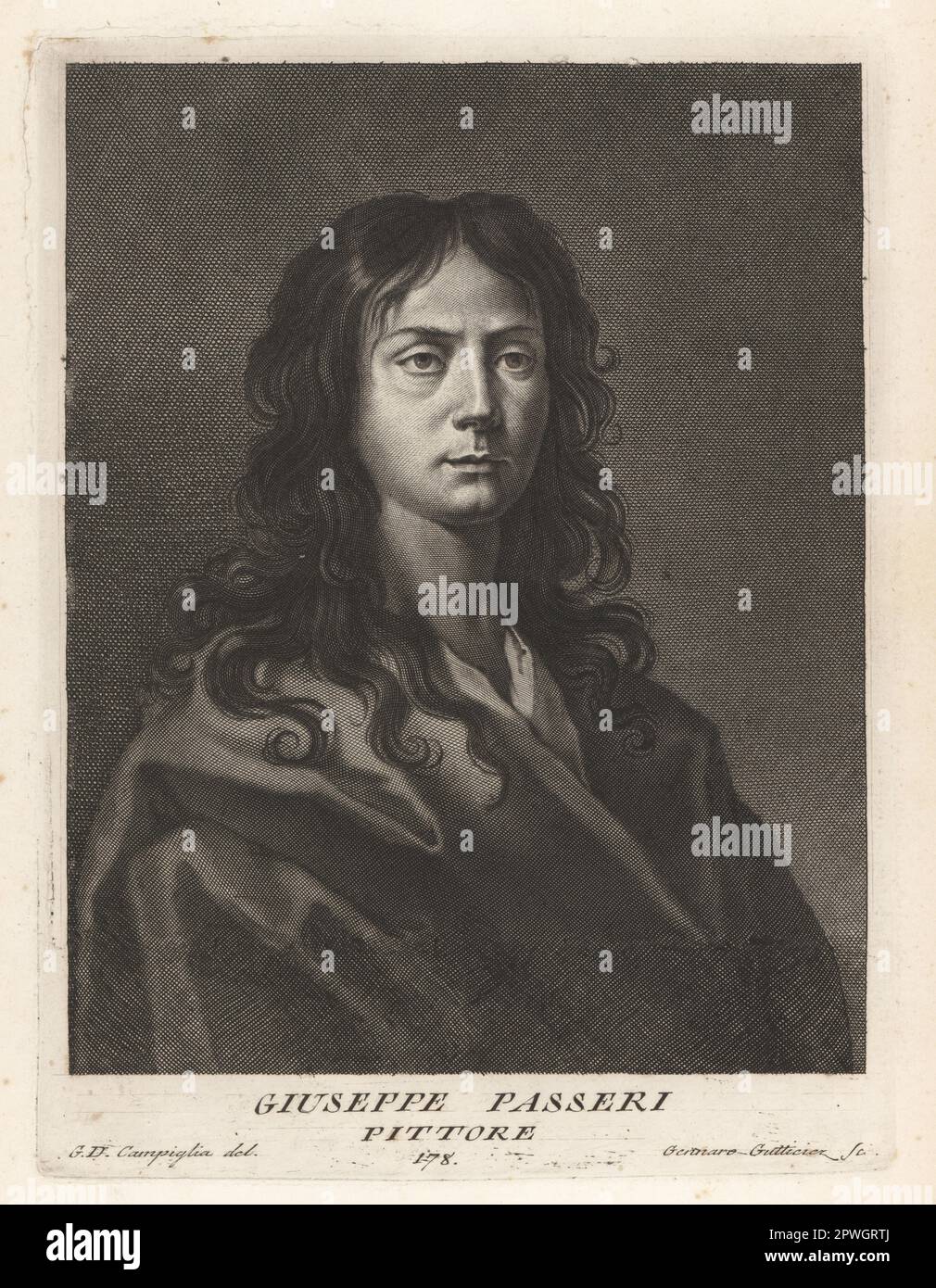 Giuseppe Passeri, Italian painter of the Baroque period, 1654-1714. Active in his native city of Rome. Nephew of the painter Giovanni Battista Passeri. Pittore. Copperplate engraving by Gennaro Guttiriez after Giovanni Domenico Campiglia after a self portrait by the artist from Francesco Moucke's Museo Florentino (Museum Florentinum), Serie di Ritratti de Pittori (Series of Portraits of Painters) stamperia Mouckiana, Florence, 1752-62. Copperplate engraving by Pietro Antonio Pazzi after Giovanni Domenico Campiglia after a self portrait by the artist from Francesco Moucke's Museo Florentino (Mu Stock Photo