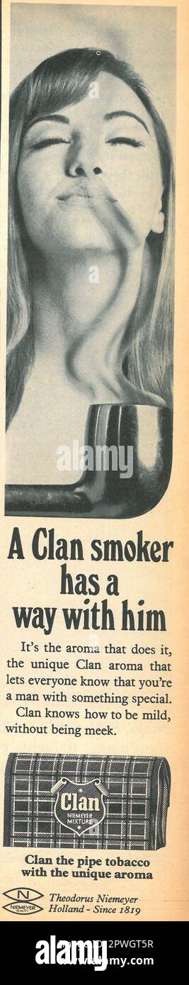 Clan pipe tobacco advert in a LIFE magazine April 1967, Atlantic edition. Woman smoking advert. Tabacco tobacco Stock Photo