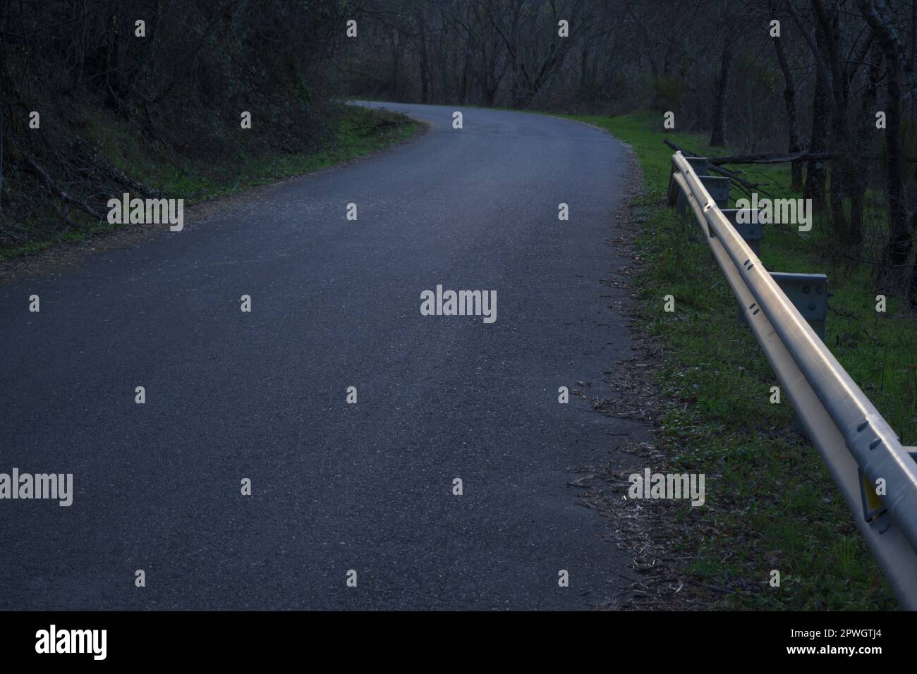 Dark road with side guard rails on hairpin bend with trees Stock Photo