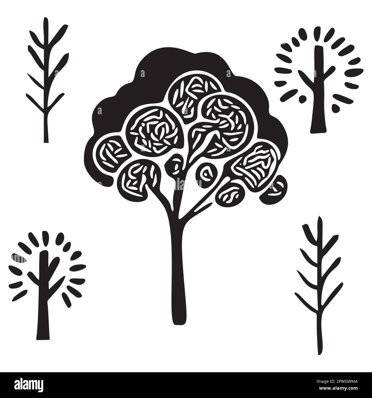 Set of vector tree motifs in low brow style. Collection of monochrome ...