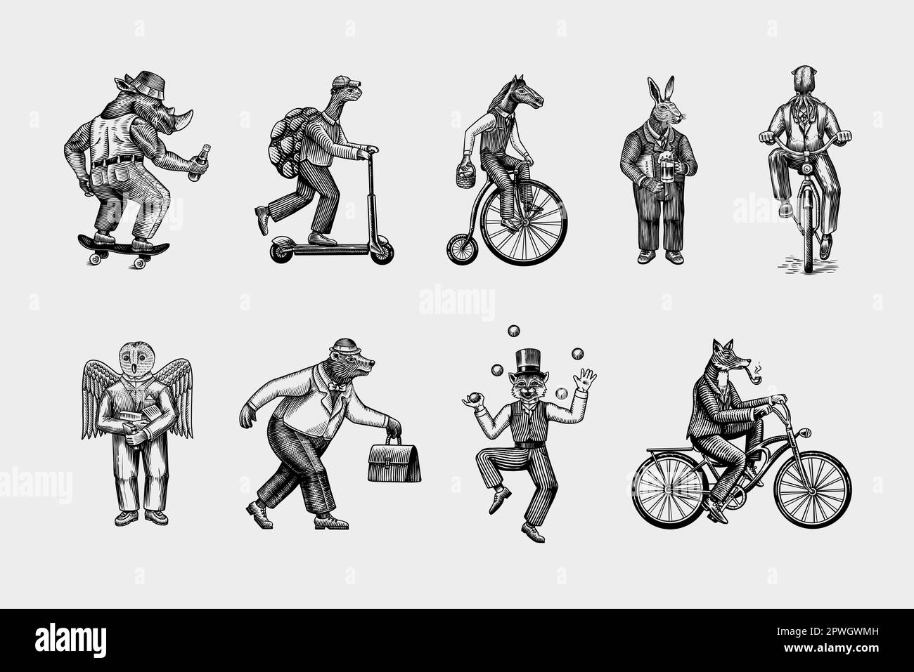 Fox on a bicycle, Cat juggler, turtle on a scooter. Bear, horse, hare ...