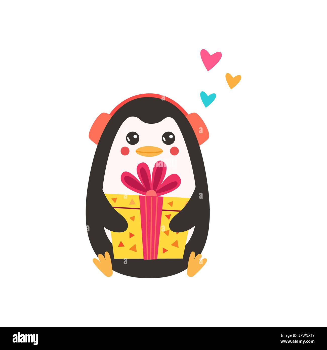 Comic penguin sitting with present box vector illustration Stock Vector