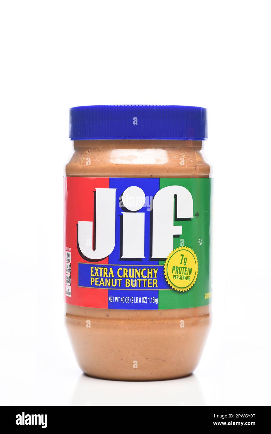 IRVINE, CALIFORNIA - 29 APR 2023: A 40 ounce jar of Jif Extra Crunchy Peanut Butter Stock Photo