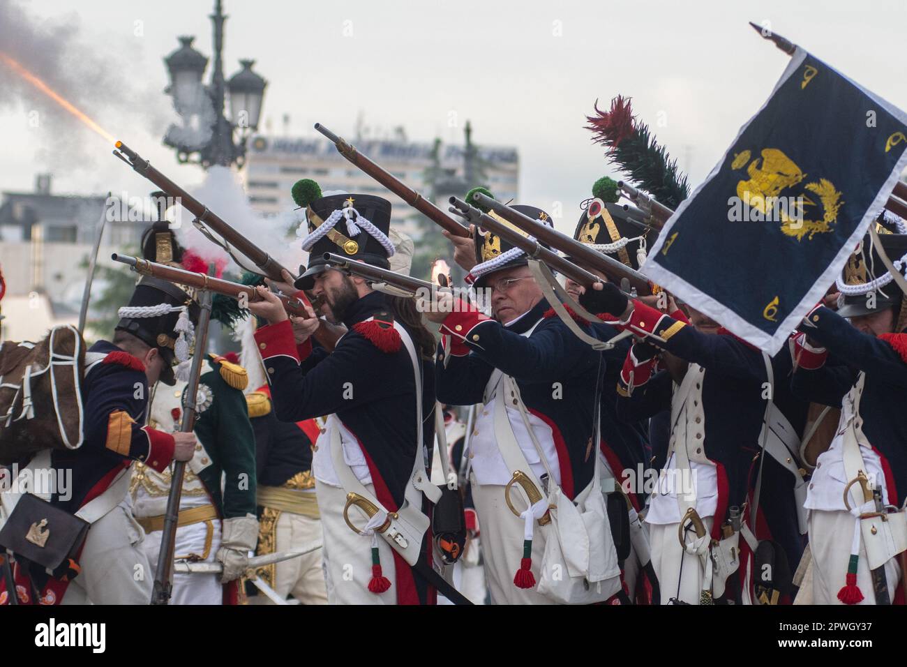 Madrid, Spain. 30th Apr, 2023. Characterized enthusiasts take part in a historical reenactment of the uprising of May 2, 1808 of the citizens of Madrid against the French troops of Napoleon, in front of the Royal Palace of Madrid. Credit: Marcos del Mazo/Alamy Live News Stock Photo