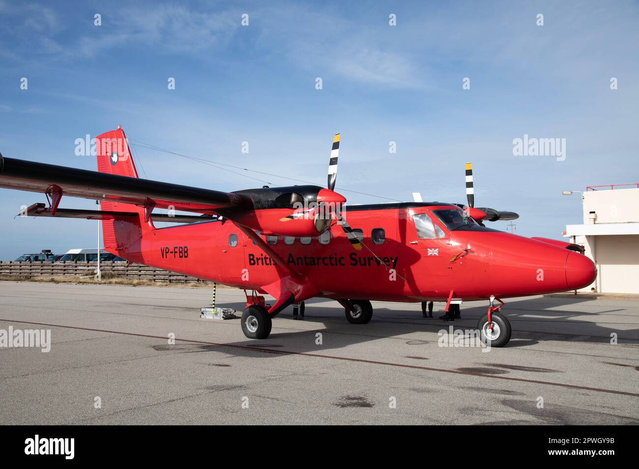 A British Antarctic Survey De Havilland Canada DHC-6 Twin Otter, VP-FBB, at Stanley Airport on The Falkland Islands. Stock Photo