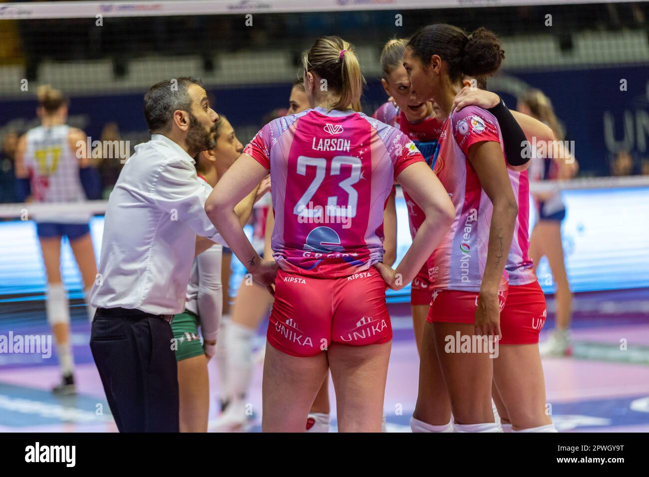 Monza, Italy. 30th Apr, 2023. Head coach Marco Gaspari (Vero Volley Milano) during time out Credit: Independent Photo Agency/Alamy Live News Stock Photo