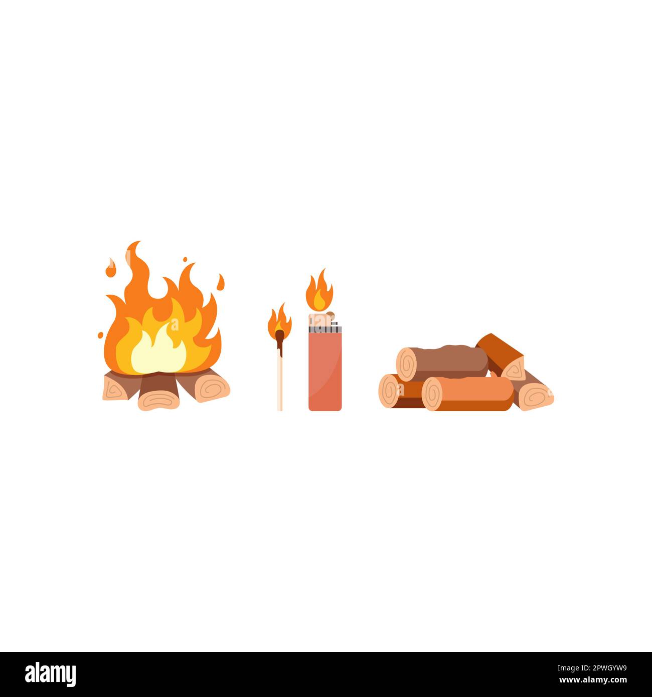 Burning lighter, match and firewood cartoon illustration Stock Vector
