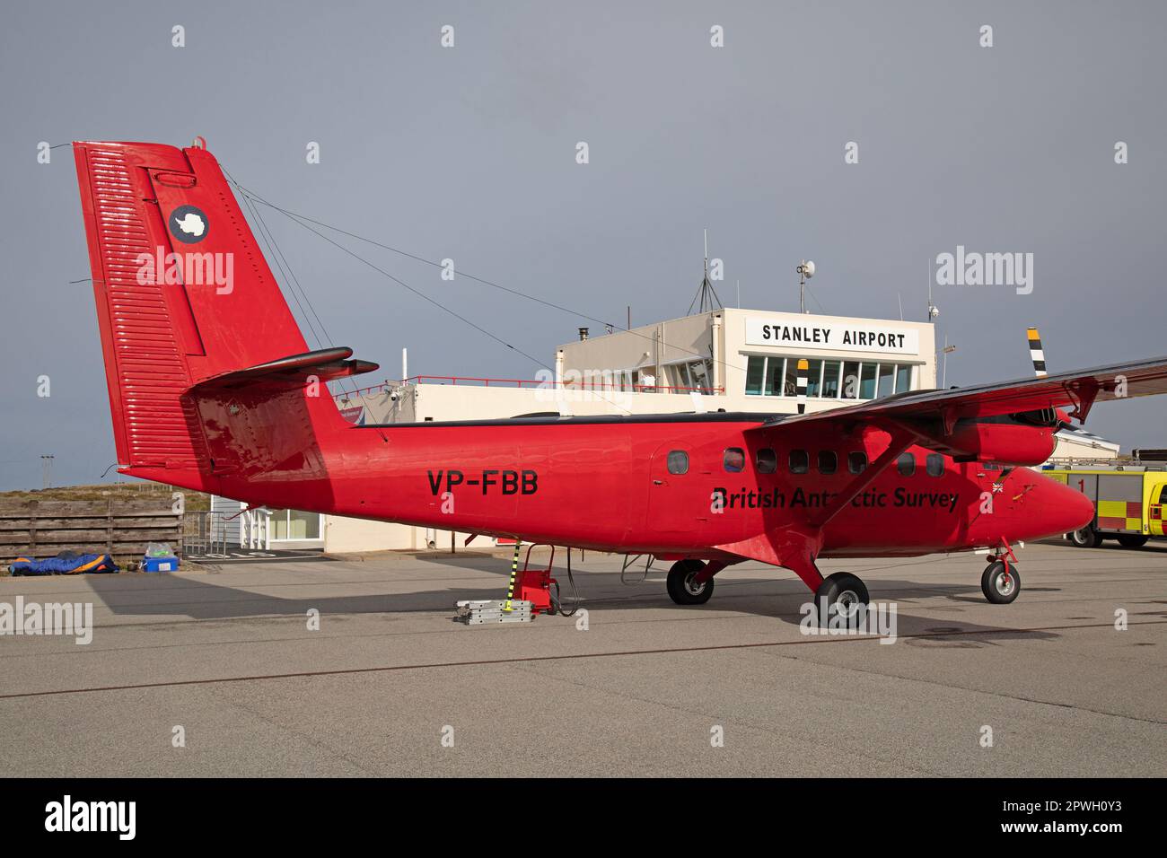 A British Antarctic Survey De Havilland Canada DHC-6 Twin Otter, VP-FBB, at Stanley Airport on The Falkland Islands. Stock Photo