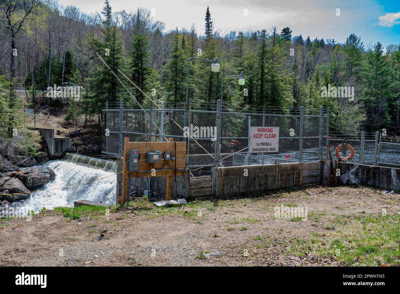 A view of the dam at the Christine Falls Hydroelectric Project on the Sacandaga River in the Town of Wells, NY in the Adirondack Mountains, NY USA Stock Photo