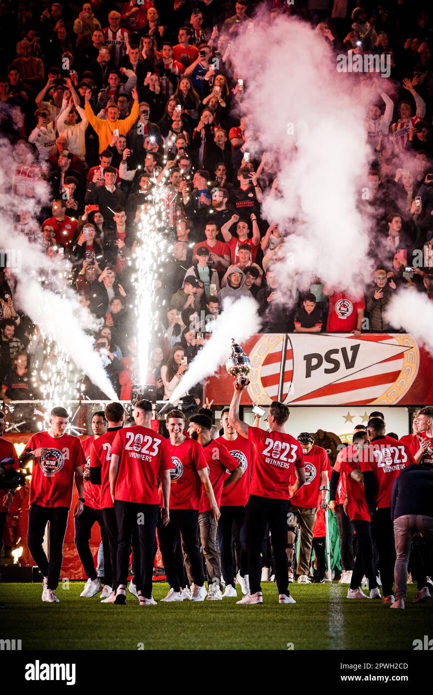 EINDHOVEN - Players in the Philips Stadium during the celebration of PSV. The football club from Eindhoven has the KNVB Cup back in its hands thanks to a victory over Ajax. The team of coach Ruud van Nistelrooij defeated Ajax in the final in De Kuip on penalties. ANP ROB ENGELAAR netherlands out - belgium out Stock Photo