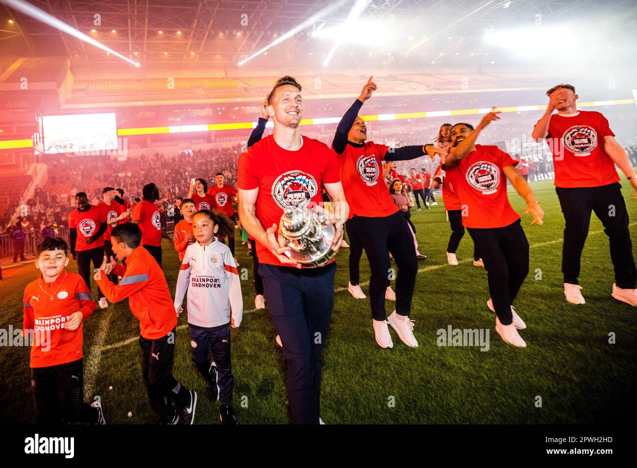 EINDHOVEN - Players in the Philips Stadium during the celebration of PSV. The football club from Eindhoven has the KNVB Cup back in its hands thanks to a victory over Ajax. The team of coach Ruud van Nistelrooij defeated Ajax in the final in De Kuip on penalties. ANP ROB ENGELAAR Stock Photo